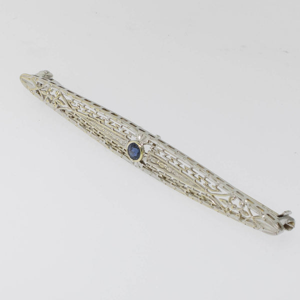 Preowned 14K White Gold Filigree Pin with Sapphire - 63.5mm Long