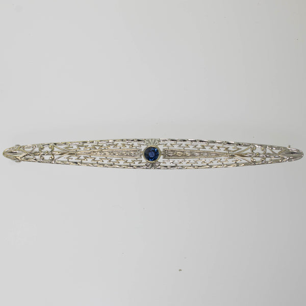 Preowned 14K White Gold Filigree Pin with Sapphire - 63.5mm Long