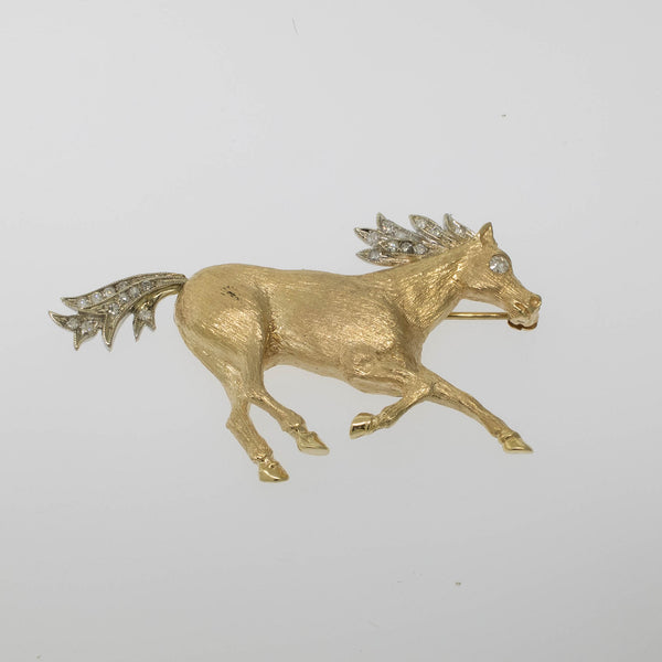 Preowned 14K Two-Tone Gold Horse Pin with Diamonds and Hand-Engraved Finish