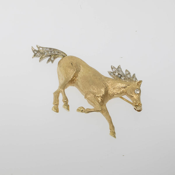 Preowned 14K Two-Tone Gold Horse Pin with Diamonds and Hand-Engraved Finish