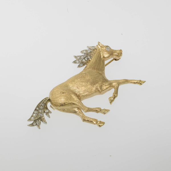 Preowned 14K Two-Tone Gold Horse Pin with Diamonds and Hand-Engraved Finish