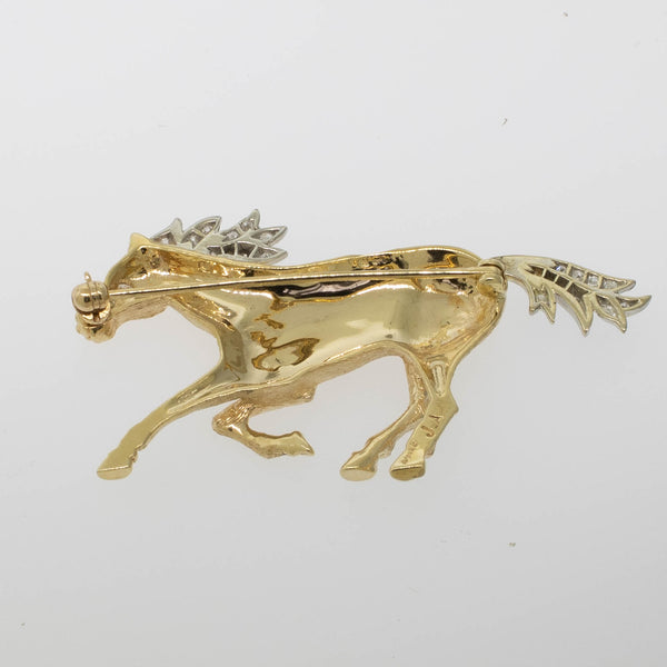 Preowned 14K Two-Tone Gold Horse Pin with Diamonds and Hand-Engraved Finish