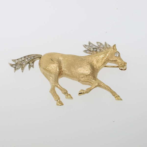 Preowned 14K Two-Tone Gold Horse Pin with Diamonds and Hand-Engraved Finish