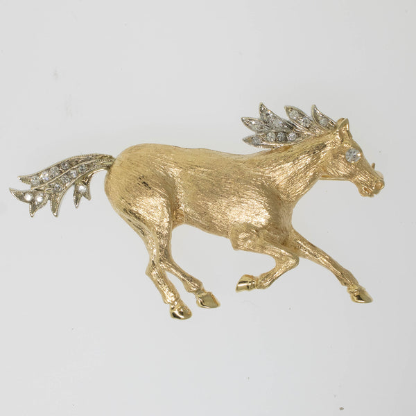 Preowned 14K Two-Tone Gold Horse Pin with Diamonds and Hand-Engraved Finish