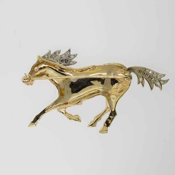 Preowned 14K Two-Tone Gold Horse Pin with Diamonds and Hand-Engraved Finish