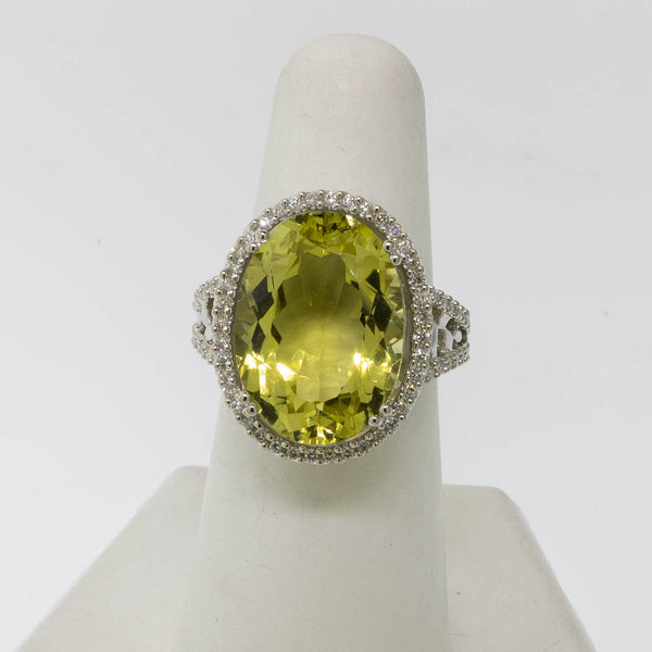 Pre-Owned 14K White Gold Lemon Quartz & Diamond Ring 11CT, Size 6-3/8, 6 DWT