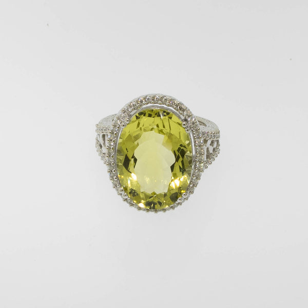 Pre-Owned 14K White Gold Lemon Quartz & Diamond Ring 11CT, Size 6-3/8, 6 DWT