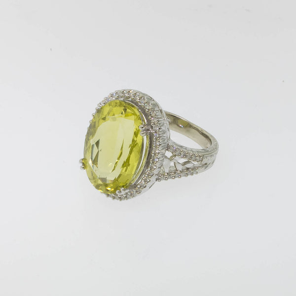 Pre-Owned 14K White Gold Lemon Quartz & Diamond Ring 11CT, Size 6-3/8, 6 DWT