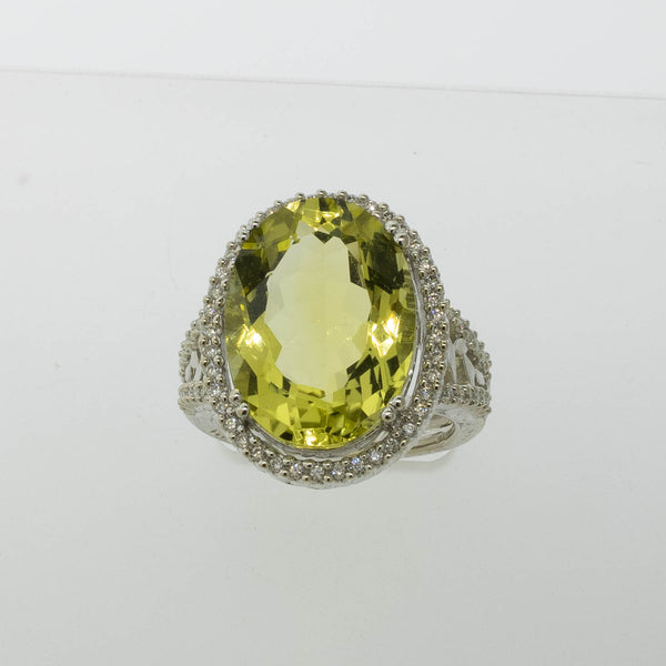 Pre-Owned 14K White Gold Lemon Quartz & Diamond Ring 11CT, Size 6-3/8, 6 DWT