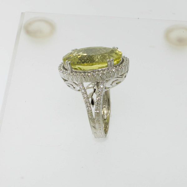 Pre-Owned 14K White Gold Lemon Quartz & Diamond Ring 11CT, Size 6-3/8, 6 DWT