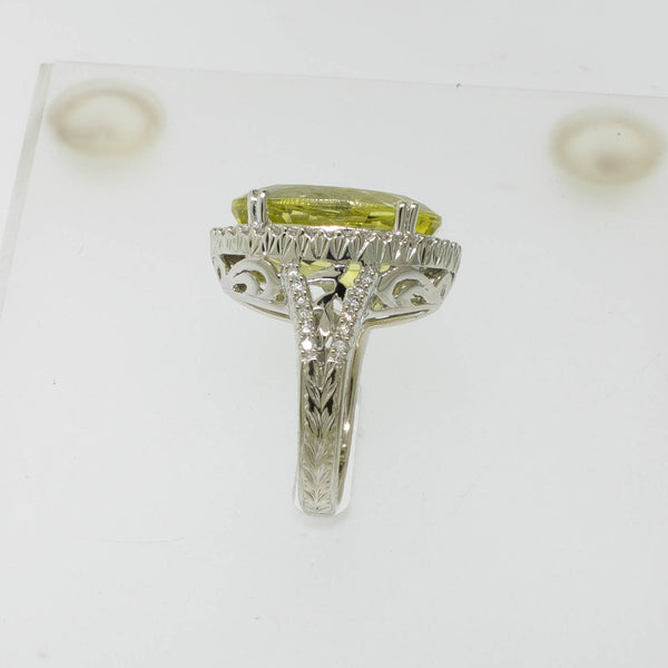 Pre-Owned 14K White Gold Lemon Quartz & Diamond Ring 11CT, Size 6-3/8, 6 DWT