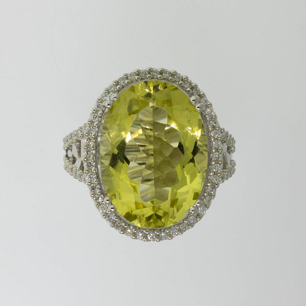 Pre-Owned 14K White Gold Lemon Quartz & Diamond Ring 11CT, Size 6-3/8, 6 DWT