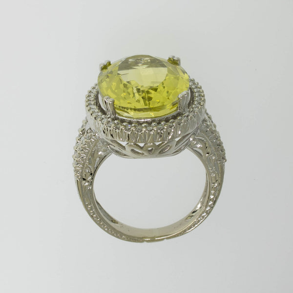 Pre-Owned 14K White Gold Lemon Quartz & Diamond Ring 11CT, Size 6-3/8, 6 DWT