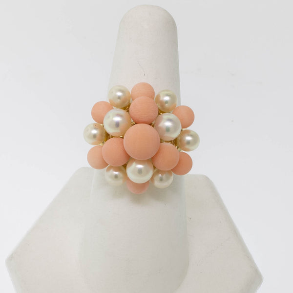 Pre-Owned 14K Yellow Gold Pink Coral & Cultured Pearl Ring, Size 7.25, 5.2 DWT