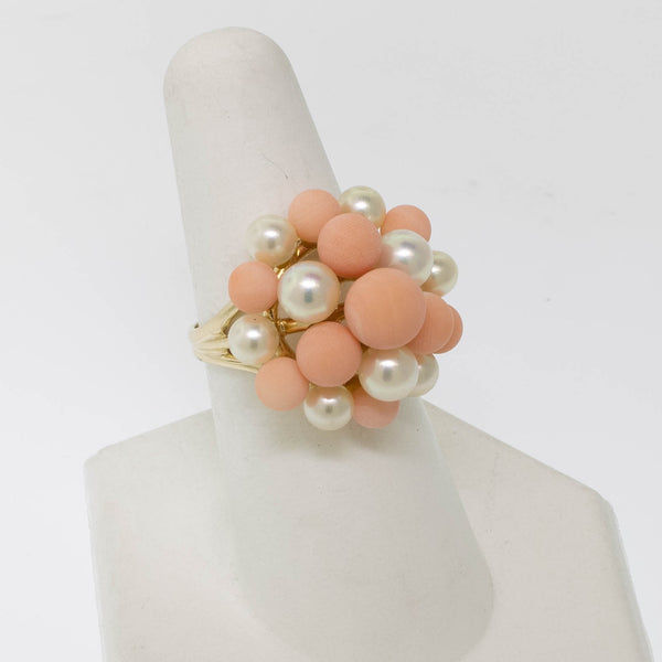 Pre-Owned 14K Yellow Gold Pink Coral & Cultured Pearl Ring, Size 7.25, 5.2 DWT