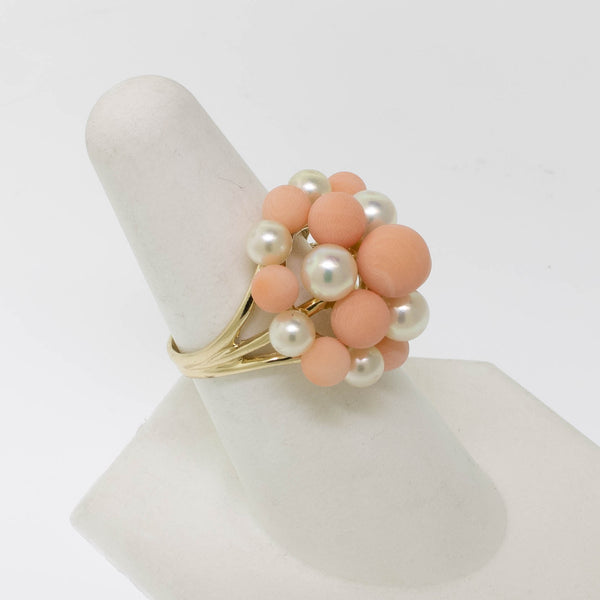 Pre-Owned 14K Yellow Gold Pink Coral & Cultured Pearl Ring, Size 7.25, 5.2 DWT