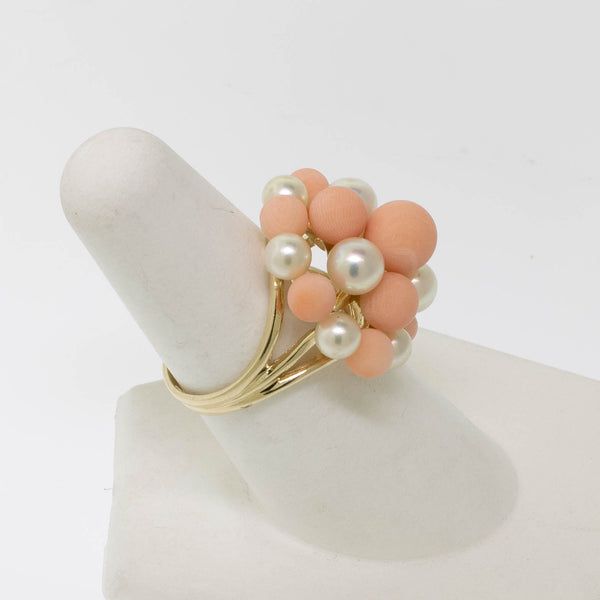 Pre-Owned 14K Yellow Gold Pink Coral & Cultured Pearl Ring, Size 7.25, 5.2 DWT