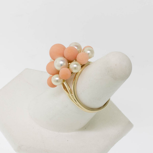 Pre-Owned 14K Yellow Gold Pink Coral & Cultured Pearl Ring, Size 7.25, 5.2 DWT