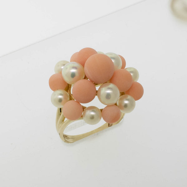 Pre-Owned 14K Yellow Gold Pink Coral & Cultured Pearl Ring, Size 7.25, 5.2 DWT