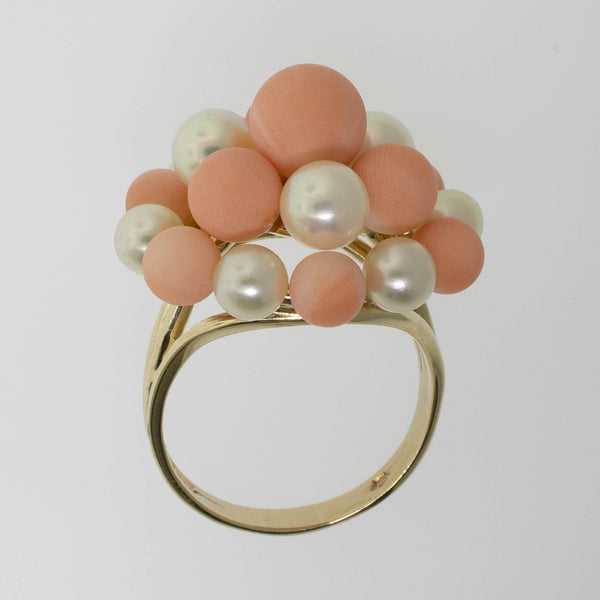 Pre-Owned 14K Yellow Gold Pink Coral & Cultured Pearl Ring, Size 7.25, 5.2 DWT