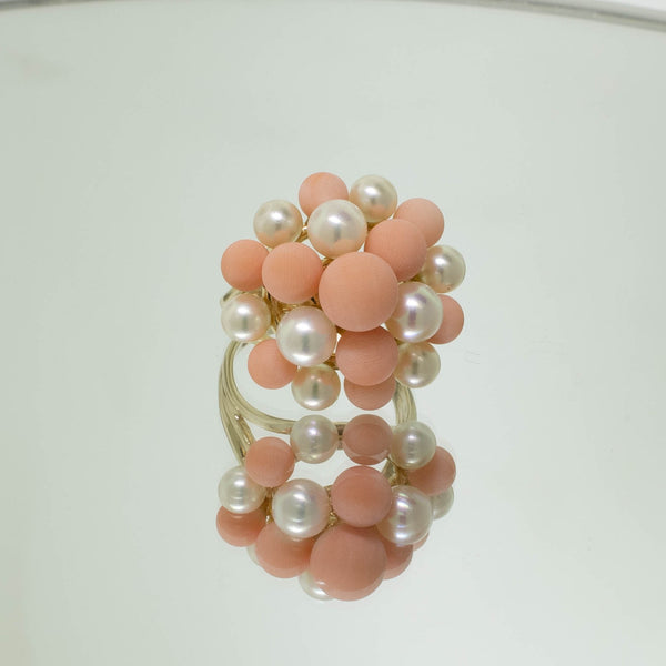 Pre-Owned 14K Yellow Gold Pink Coral & Cultured Pearl Ring, Size 7.25, 5.2 DWT