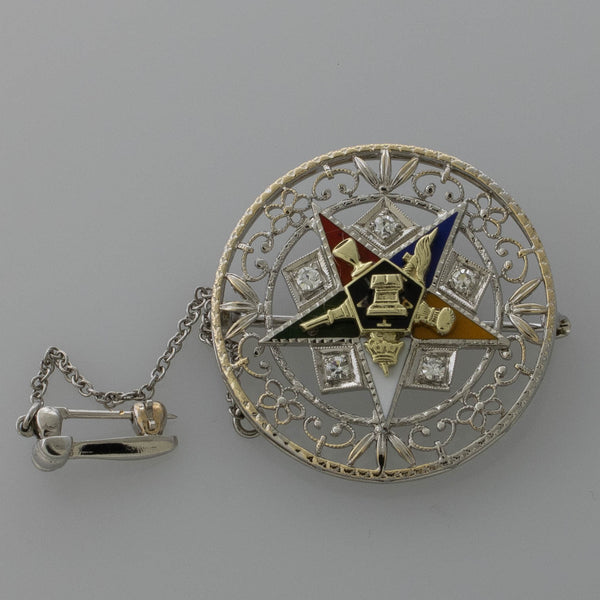 Pre-Owned 14K White Gold Filigree Past Master Eastern Star Pin with Gavel & Diam