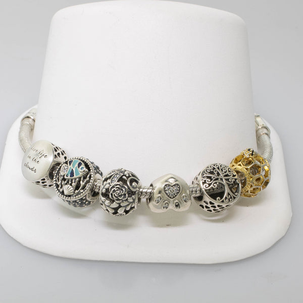 Pre-Owned Pandora Bolo Bracelet w/ 6 Charms S925 ALE Silver & Gold Accents