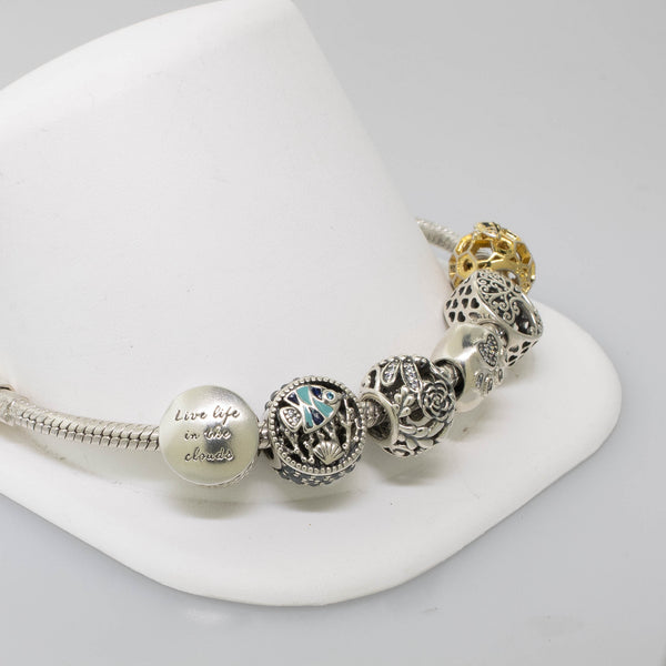 Pre-Owned Pandora Bolo Bracelet w/ 6 Charms S925 ALE Silver & Gold Accents