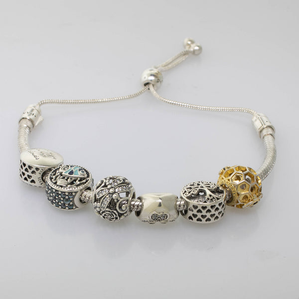 Pre-Owned Pandora Bolo Bracelet w/ 6 Charms S925 ALE Silver & Gold Accents