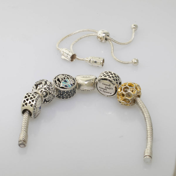 Pre-Owned Pandora Bolo Bracelet w/ 6 Charms S925 ALE Silver & Gold Accents