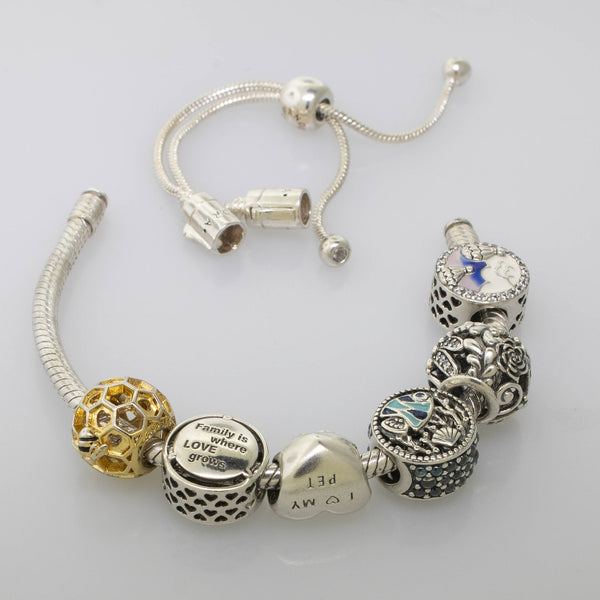 Pre-Owned Pandora Bolo Bracelet w/ 6 Charms S925 ALE Silver & Gold Accents