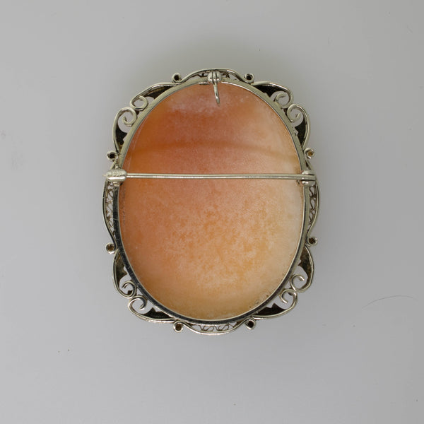 Pre-Owned 14K White Gold Shell Cameo Pin/Pendant with Filigree Frame