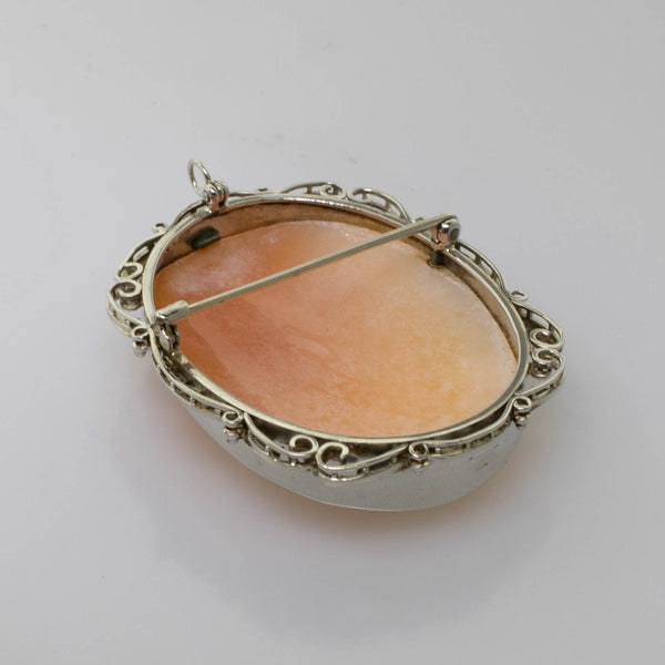 Pre-Owned 14K White Gold Shell Cameo Pin/Pendant with Filigree Frame