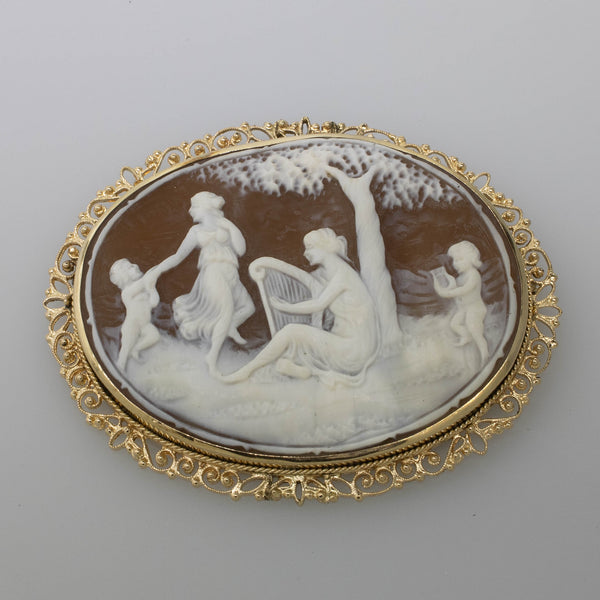 14KY Oval Cameo Pin/Pendant 61x64.5mm Cherubs & Ladies Scene 11.5 DWT