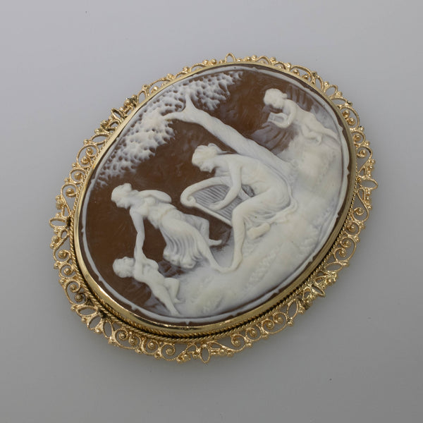 14KY Oval Cameo Pin/Pendant 61x64.5mm Cherubs & Ladies Scene 11.5 DWT