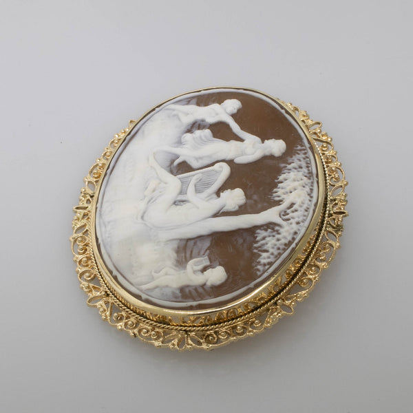 14KY Oval Cameo Pin/Pendant 61x64.5mm Cherubs & Ladies Scene 11.5 DWT