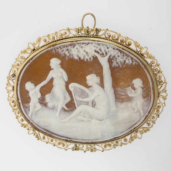 14KY Oval Cameo Pin/Pendant 61x64.5mm Cherubs & Ladies Scene 11.5 DWT