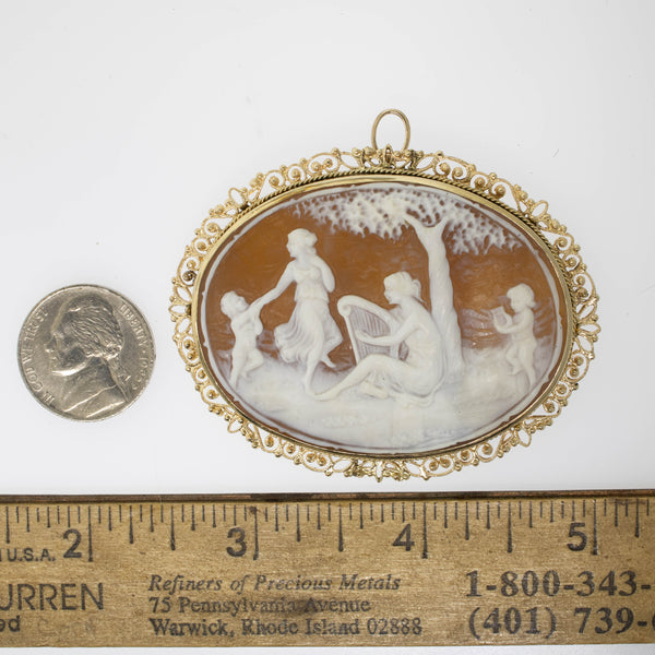 14KY Oval Cameo Pin/Pendant 61x64.5mm Cherubs & Ladies Scene 11.5 DWT