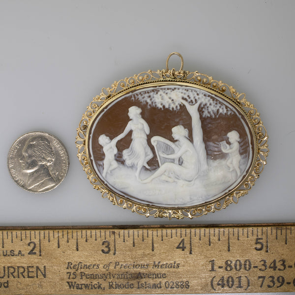 14KY Oval Cameo Pin/Pendant 61x64.5mm Cherubs & Ladies Scene 11.5 DWT