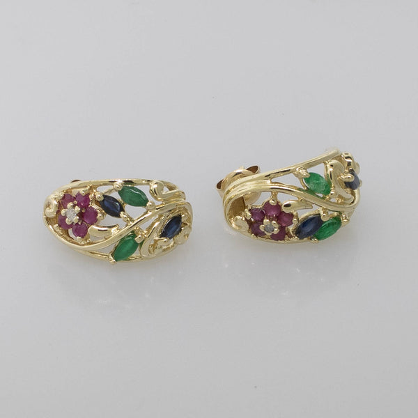 10K Gold J-Hoop Earrings w/ Diamonds, Rubies, Emeralds & Sapphires