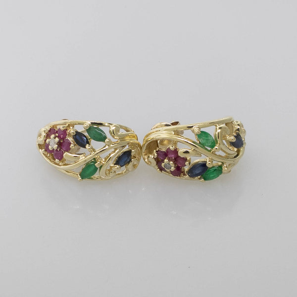 10K Gold J-Hoop Earrings w/ Diamonds, Rubies, Emeralds & Sapphires