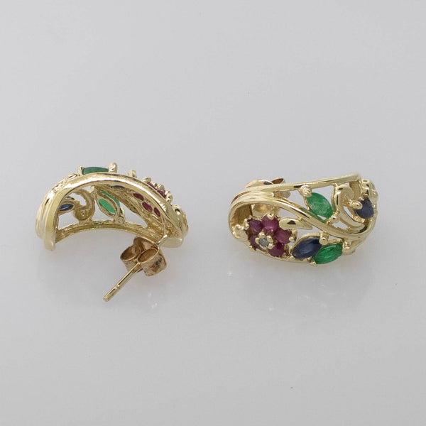 10K Gold J-Hoop Earrings w/ Diamonds, Rubies, Emeralds & Sapphires