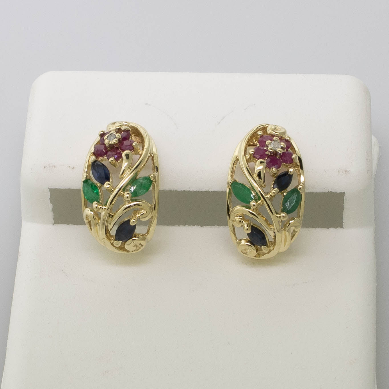 10K Gold J-Hoop Earrings w/ Diamonds, Rubies, Emeralds & Sapphires