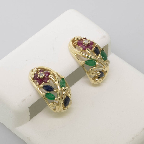 10K Gold J-Hoop Earrings w/ Diamonds, Rubies, Emeralds & Sapphires