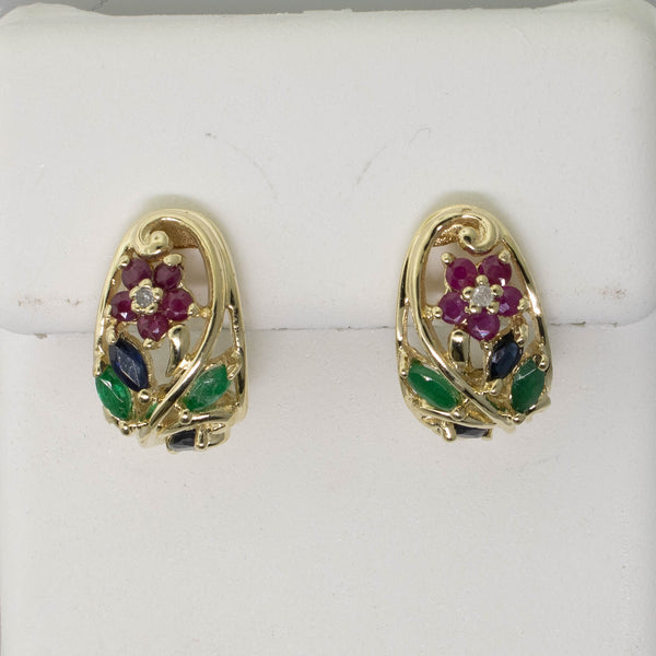 10K Gold J-Hoop Earrings w/ Diamonds, Rubies, Emeralds & Sapphires