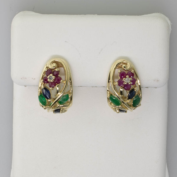 10K Gold J-Hoop Earrings w/ Diamonds, Rubies, Emeralds & Sapphires