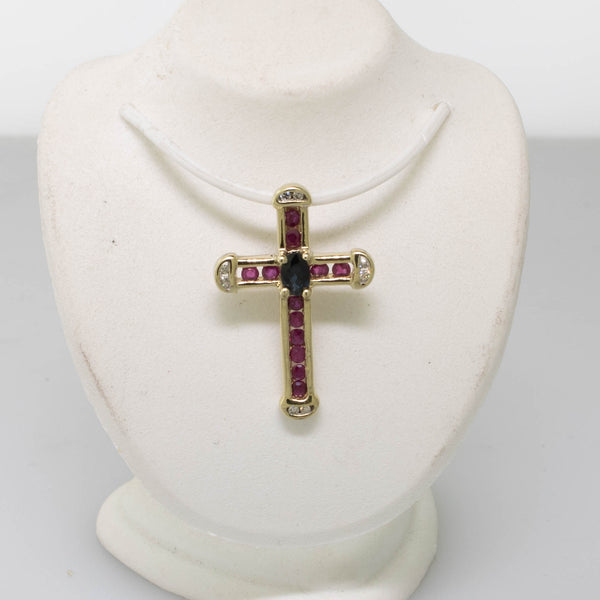 10K Yellow Gold Cross Pendant w/ Sapphire, Rubies & Diamonds 1.2 DWT Vintage