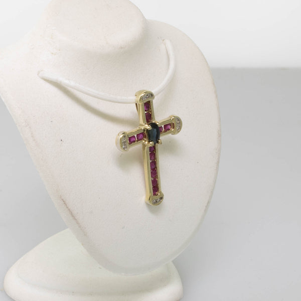 10K Yellow Gold Cross Pendant w/ Sapphire, Rubies & Diamonds 1.2 DWT Vintage