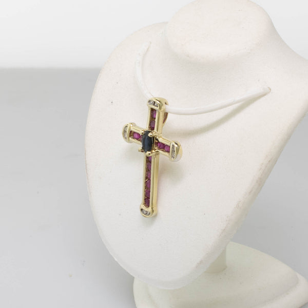 10K Yellow Gold Cross Pendant w/ Sapphire, Rubies & Diamonds 1.2 DWT Vintage