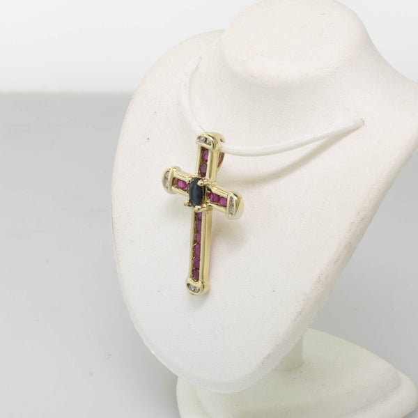 10K Yellow Gold Cross Pendant w/ Sapphire, Rubies & Diamonds 1.2 DWT Vintage